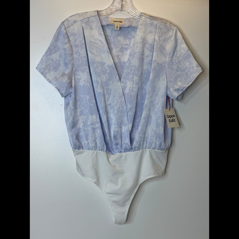 Open Edit‎ Womens M Surplice Short Sleeve Bodysuit Blue Cloud Pattern